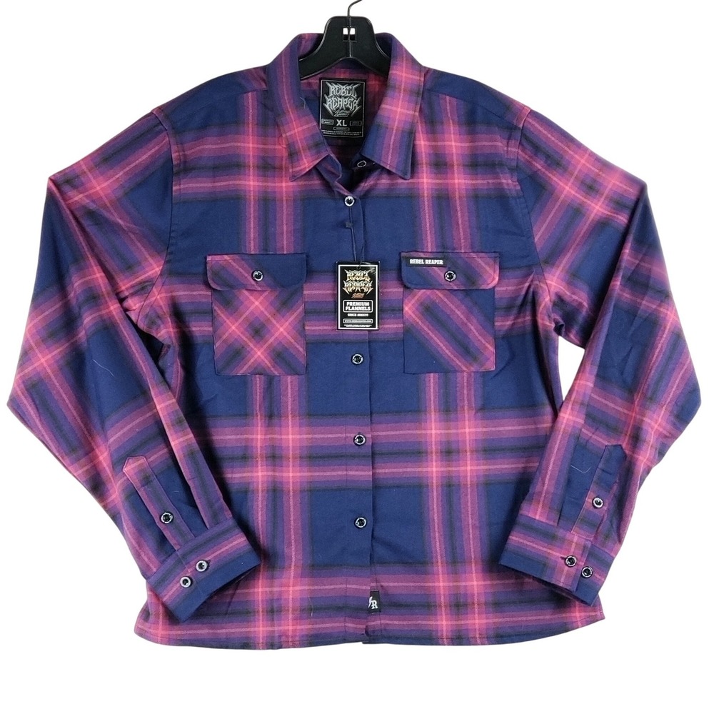 Rebel Reaper Premium Plaid Flannel Shirt Womens XL Purple Pink‎ Navy Biker Goth